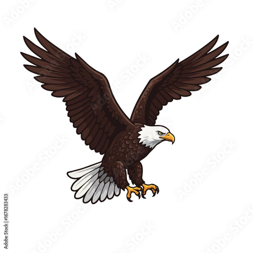 A majestic bald eagle in a clean, flat 2D vector illustration, soaring with its wings spread against a pure white background, embodying freedom and strength.