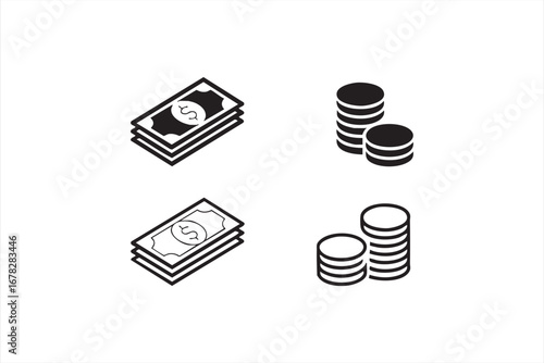 Money and currency icons vector set with dollar bills and coin stacks