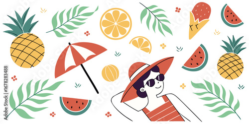 Vibrant summer scene with person relaxing under umbrella surrounded by tropical fruits and lush foliage