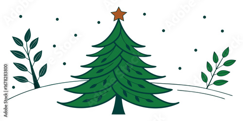 Charming minimalist Christmas tree illustration with falling snow and festive branches, perfect for holiday designs