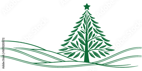 Elegant Christmas tree with falling snowflakes and rolling snowy hills creates a serene winter wonderland scene