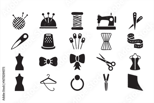 Handmade tailoring icons set with sewing machine mannequin and accessories