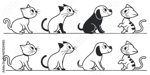 Adorable cartoon cats and dogs sitting together in a playful and charming arrangement perfect for children's themes.