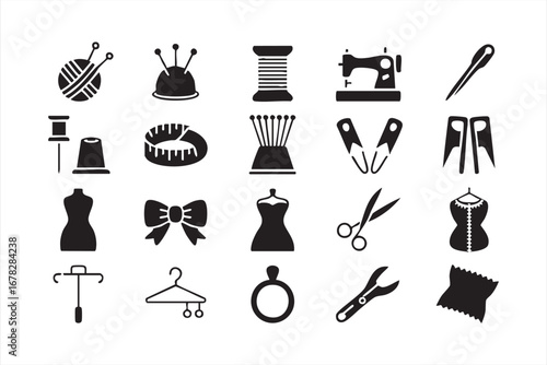 Sewing and tailoring icons vector set with yarn thread and garment design tools
