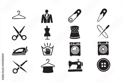 Textile and clothing design vector icons with sewing and washing symbols