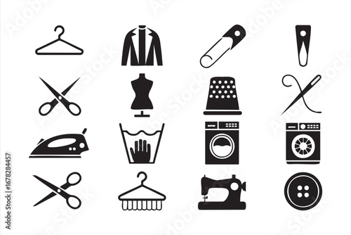 Household clothing care icons set with washing machine and sewing elements