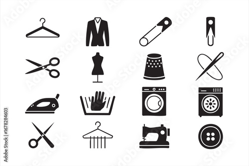 Clothing care icon pack with washing machine iron and sewing accessories