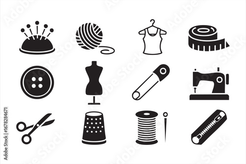 Clothing and textile design icons set with tailoring and handmade craft symbols