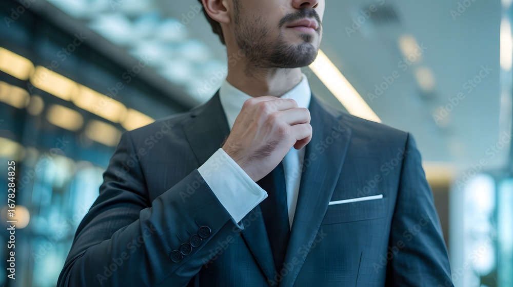 Fototapeta premium A man in a sharp suit adjusts his tie, exuding professionalism in a modern office setting