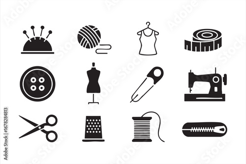 Sewing and tailoring icons vector set with needle thread and fashion symbols