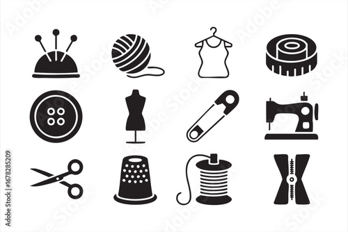 Sewing and textile design icons set with handmade craft and fashion elements