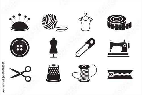 Vector pack of sewing icons with scissors, mannequin, yarn, and measuring tape