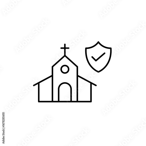 Verified religious safety, trusted place of worship, secure church premises, approved faith community. Shield and checkmark. Pixel perfect, editable stroke vector icon