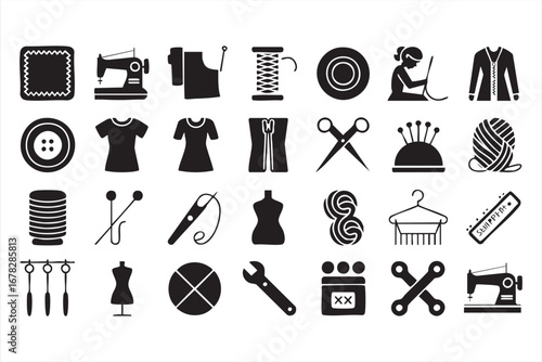 Vector Sewing and Tailoring Icons with Fabric Thread and Mannequin Symbols