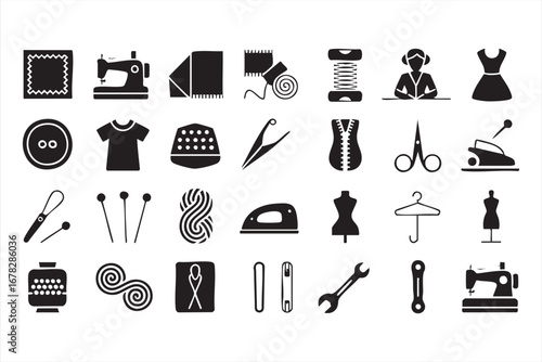 Tailoring Icons Set Featuring Scissors Fabric Spool and Dress Symbols