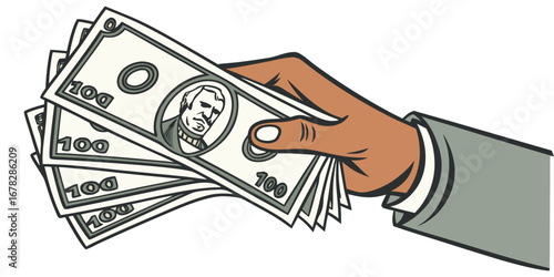 Generous hand offering stack of one hundred dollar bills, symbolizing wealth and financial transaction opportunities.