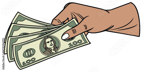 Hand holding stack of US hundred dollar bills, symbolizing wealth, payment, and financial success