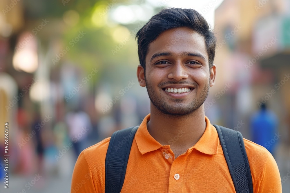 Fototapeta premium Close-up photo of a young Indian male medical student or intern, standing in a white coat with a stethoscope, smiling and looking at the camera, reflecting the start of promising career, Generative AI