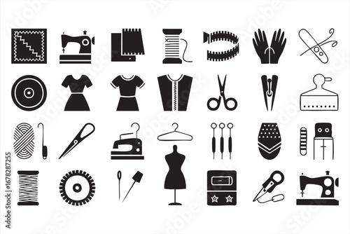 Sewing craft icons set with buttons, thread spools, and fashion design tools