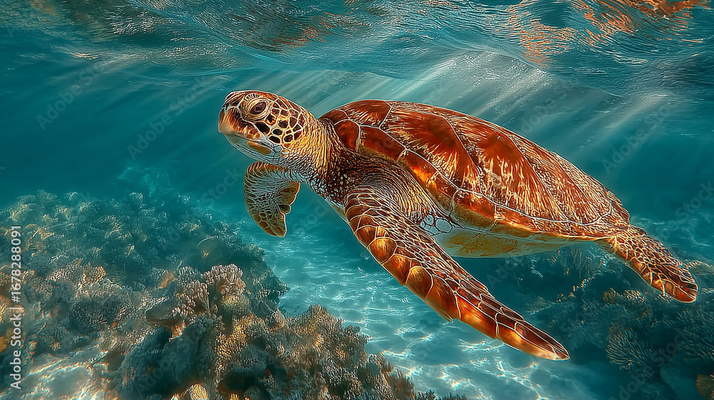 Fototapeta premium Green sea turtle gliding through clear ocean waters, surrounded by dappled sunlight and coral.