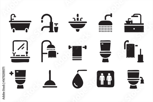 Household bathroom doodle icons with plunger mirror shower and restroom designs