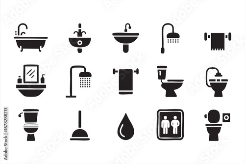 Bathroom and hygiene doodle icon set with sanitary plumbing and restroom symbols