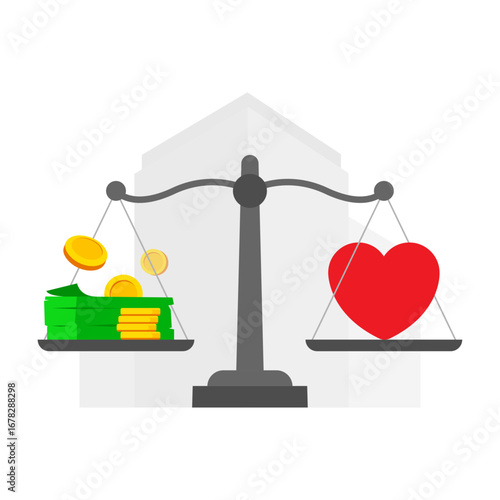illustration of balance scale, money, heart icon. ethical business, financial growth with social responsibility, balance between money and humanity. flat design for finance, investment, CSR concepts