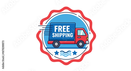Red truck with free shipping text on a blue box, within a red and blue badge