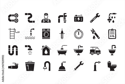 Pipe and plumbing repair vector icons set with faucet sink and utility graphics