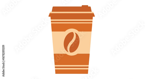 A brown disposable coffee cup with a coffee bean logo