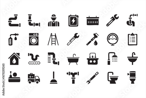 Household plumbing icon pack with toilet wrench water drop and contractor
