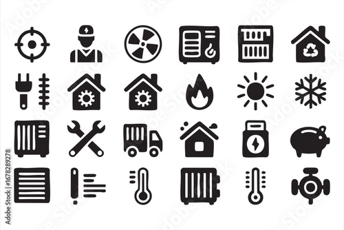 Heating cooling and ventilation doodle icons with thermostat and technician