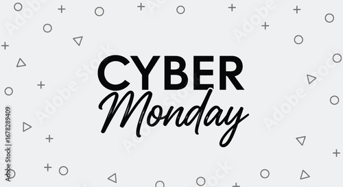Cyber monday text with abstract shapes on a light gray background