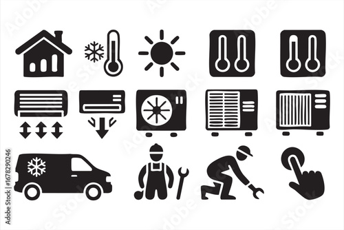 HVAC service icon pack with air conditioning units thermostat and technician