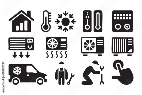 Air conditioning and HVAC icons vector set with cooling heating and repair symbols