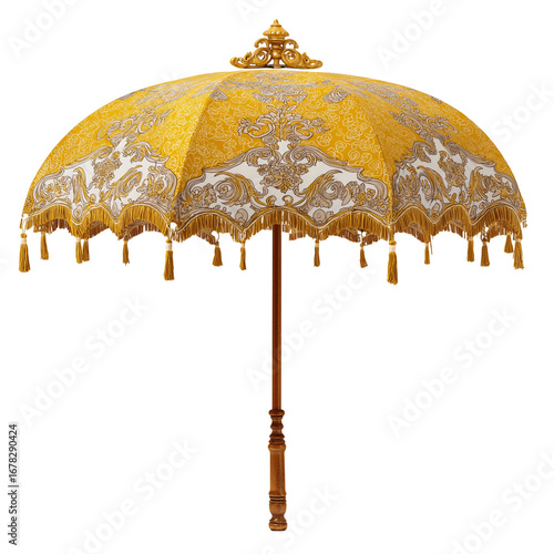 Wallpaper Mural Elegant yellow and white decorative umbrella with intricate patterns and tassels. PNG image, transparent background Torontodigital.ca