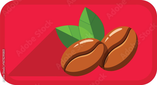 Two coffee beans with green leaves on a red background