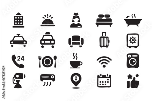 Travel and tourism icon pack with hotel room service and bathtub graphics