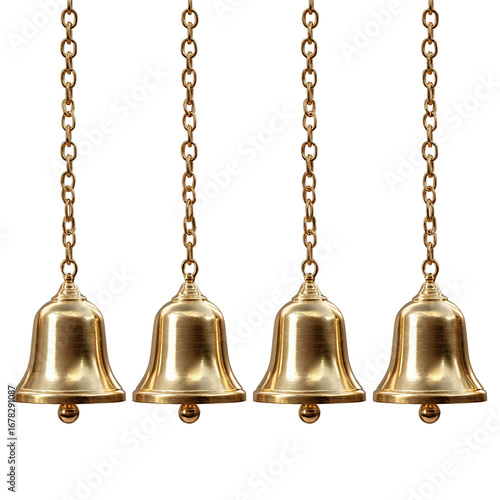 Wallpaper Mural Decorative brass bells hanging on chains in a simple arrangement for home or event decor. PNG image, transparent background Torontodigital.ca