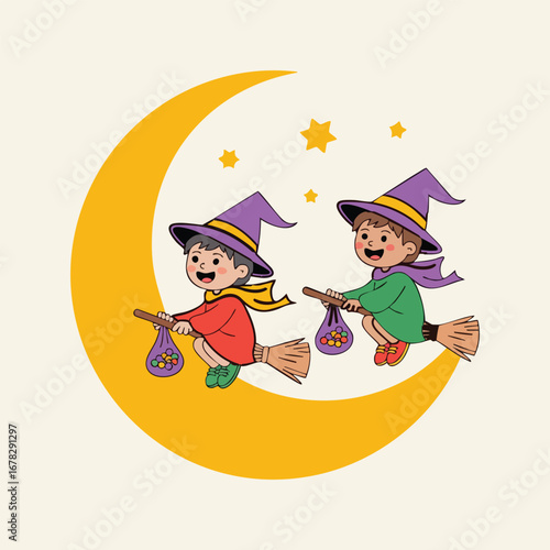 Two children dressed as witches flying on broomsticks across a crescent moon halloween
