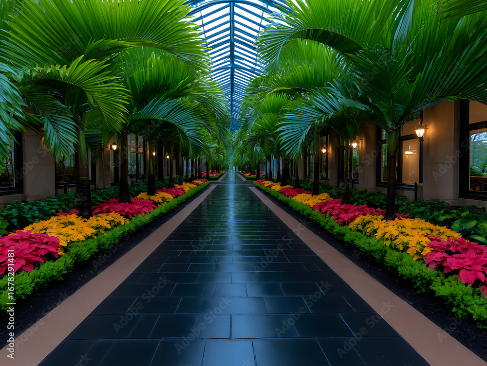 Fototapeta premium Vibrant Garden Walkway With Colorful Flowers and Palm Trees in a Tranquil Environment During Early Evening Hours