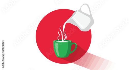 Milk being poured into a green mug of steaming coffee, set against a red circle