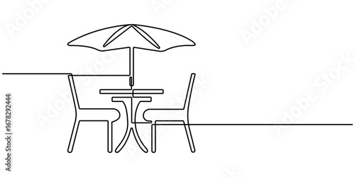 Garden chairs and table in continuous line art drawing style. Simple continuous line art. Classic style dining room furniture black linear sketch isolated on white background. Vector illustration