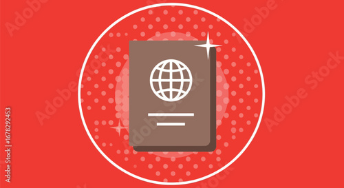Stylized passport icon with a globe symbol, set against a red background