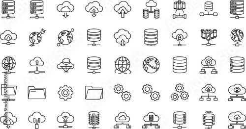 Black and White Cloud Computing, Networking, Data Storage and Cybersecurity Icon Set for IT Infrastructure and Digital Systems