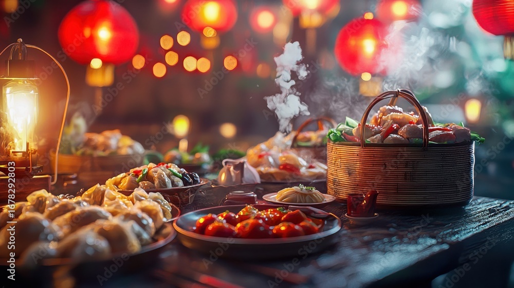 Fototapeta premium Hot dim sum with steam rising under red lanterns