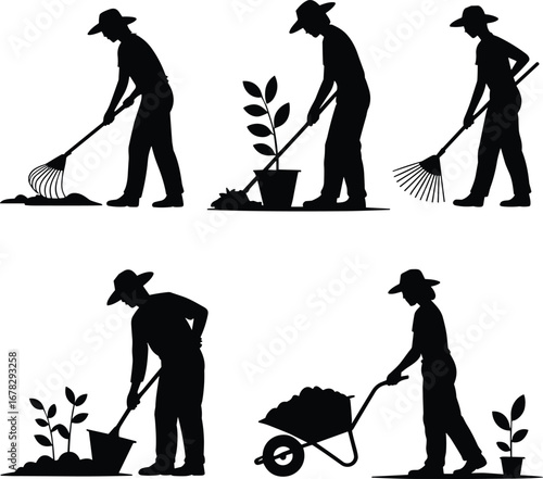 Gardening worker silhouettes, raking soil, digging plants, wheelbarrow transport, landscaping maintenance, outdoor farming, horticulture care, planting process, agriculture tools,