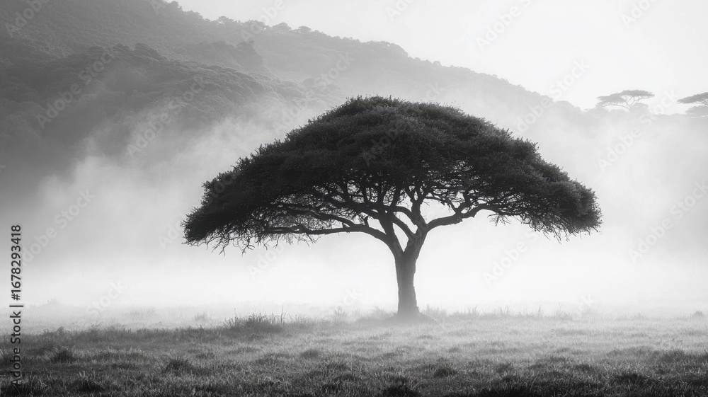 Obraz premium Dramatic lone tree with swirling mist
