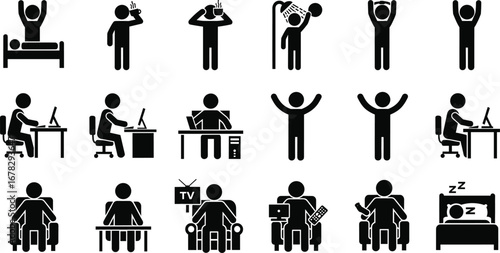 Daily routine stick figure icons set with people waking up, eating, working, exercising, relaxing, watching TV and sleeping