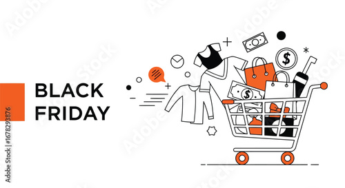 Black friday shopping cart overflowing with clothes and bags